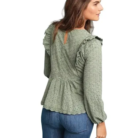 Anthropologie Eri + Ali Women's Victoria Eyelet Ruffle Blouse Top Green Size M - Picture 2 of 7